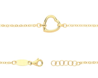 9ct Yellow Gold Open Heart Charm Link 7.5" Rolo Chain Bracelet Hallmarked - Real 9K Gold
