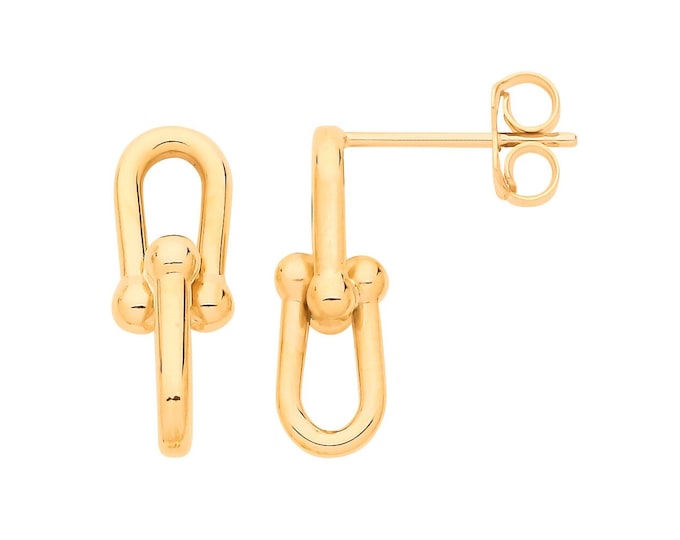 Contemporary 9ct Yellow Gold 18x6mm Bike Lock Drop Stud Earrings - Real 9K Gold