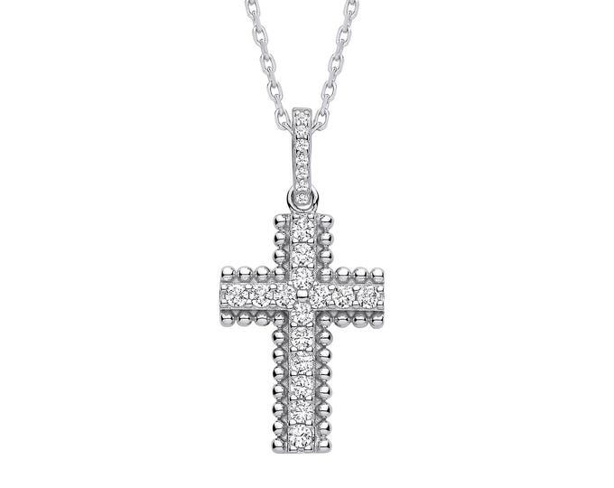 Silver Beaded Cz Cross Pendant 18" Necklace