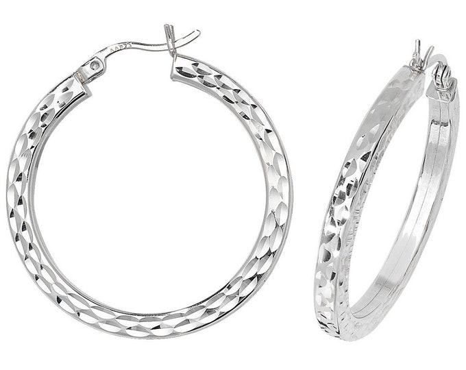 925 Sterling Silver Square Tube Diamond Cut Flat Hoop Earrings - choice of sizes