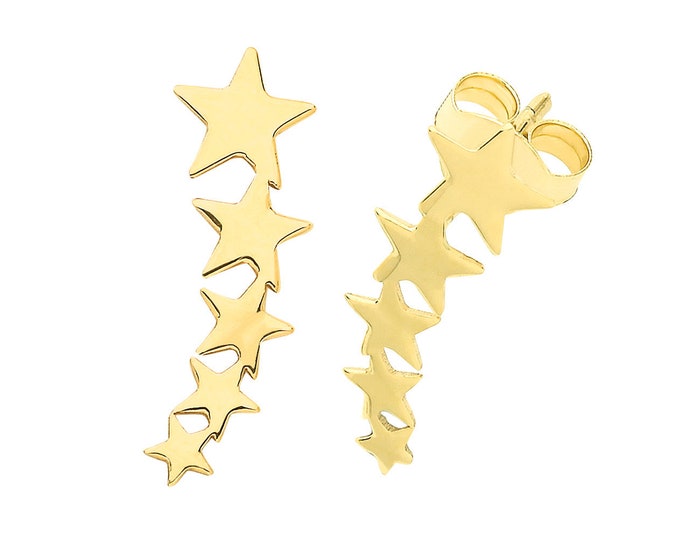 Pair of 9K Gold Shooting 5 Star Curved Bar 15mm Stud Earrings - Solid 9K Gold