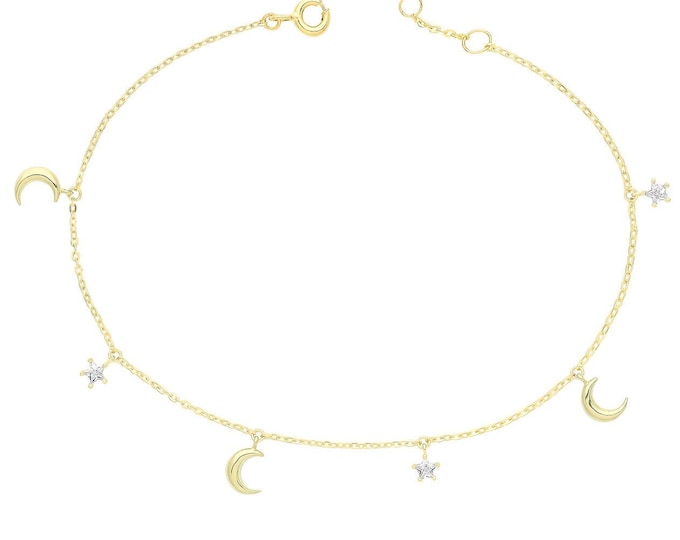 9ct Yellow Gold Moon & Cz Star Charm 7.25" Lightweight Bracelet - Real 9K Gold