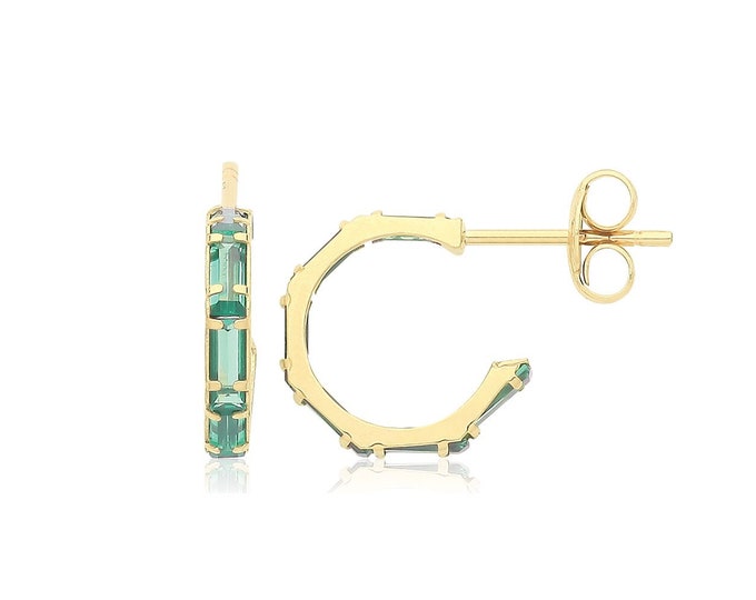 9ct Yellow Gold 10mm Diameter Half Hoop Emerald Green Baguette Cz Stud Earrings - Real 9K Gold