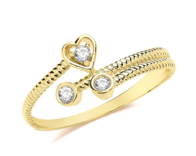 Ladies 9ct Yellow Gold 1.7mm Twisted Crossover Bezel Cz Heart Ring Hallmarked 375 - Real 9K Gold