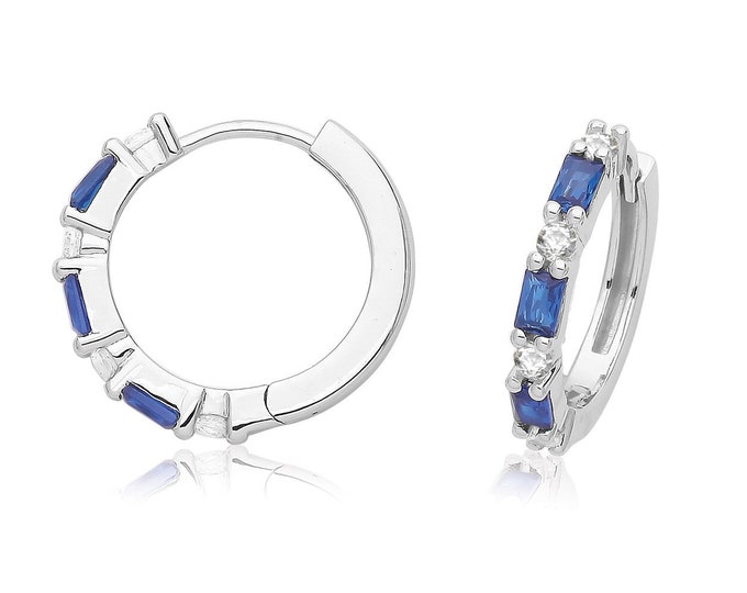 925 Sterling Silver 12mm Channel Set Sapphire Blue Baguette Cz Hinged Huggies Hoop Earrings Rhodium Plated