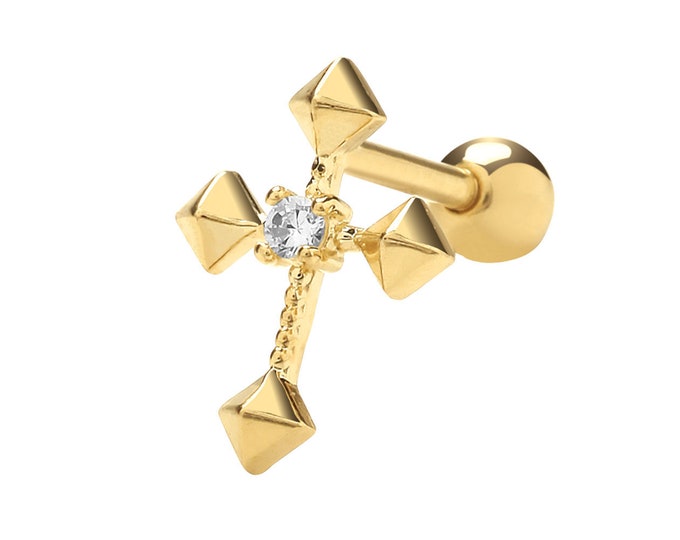 9K Yellow Gold Cz Cross Helix Cartilage 6mm Post Screw Back Single Stud Earring - Real 9K Gold