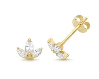 9ct Yellow Gold Marquise Cz Lotus Flower 6x5mm Stud Earrings - Real 9K Gold