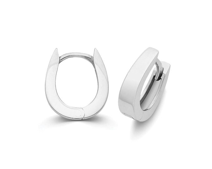 Rhodium Plated 925 Sterling Silver Oval Squared Clicker Huggies Hoop Earrings 7mm 8mm