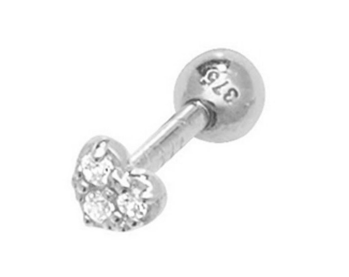 SINGLE 9ct White Gold Small 3mm Cz Heart Design Helix Cartilage 6mm Bar Screw Back Stud Earring - Solid 9K Gold