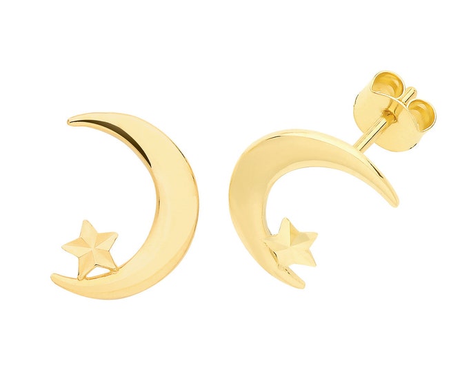 Pair of 9ct Yellow Gold 10x7mm Crescent Moon & Star Stud Earrings- Real 9K Gold