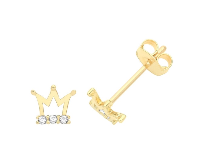 Small 9ct Yellow Gold  5x4mm Cz Dainty Crown Shaped Stud Earrings - Real 9K Gold