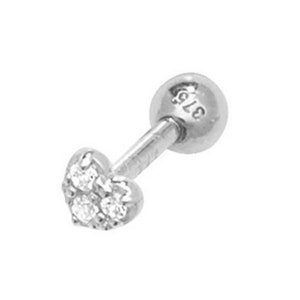 SINGLE 9ct White Gold Small 3mm Cz Heart Design Helix Cartilage 6mm Bar Screw Back Stud Earring - Solid 9K Gold