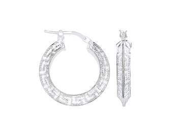925 Sterling Silver Greek Key Embossed Design Knife Edge Hoop Earrings 20mm 25mm 35mm
