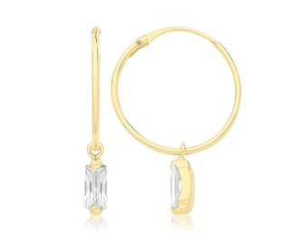 9ct Yellow Gold 12mm Diameter Sleeper Hoop Earrings With Hanging Emerald Cut Cz Charm - Real 9K Gold