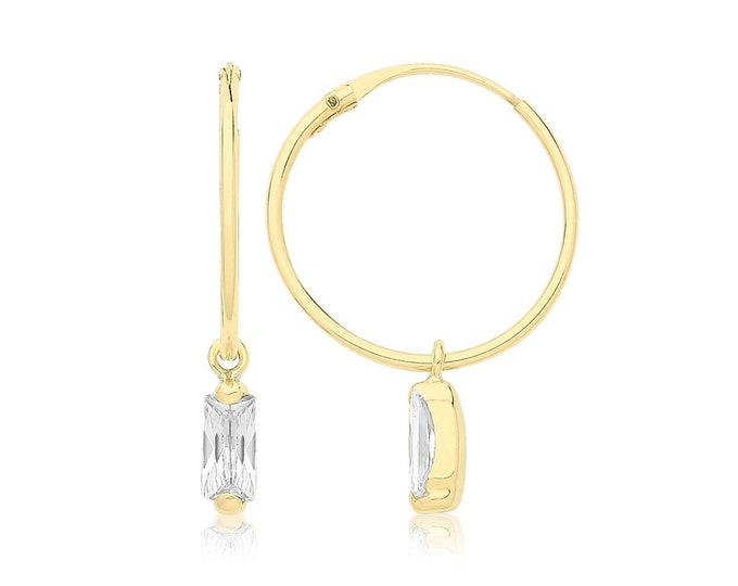 9ct Yellow Gold 12mm Diameter Sleeper Hoop Earrings With Hanging Emerald Cut Cz Charm - Real 9K Gold