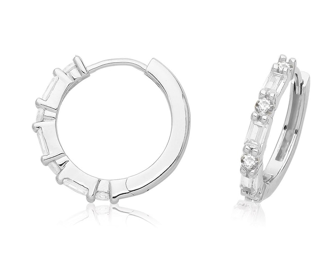 925 Sterling Silver 12mm Channel Set Baguette Cz Hinged Huggies Hoop Earrings Rhodium Plated