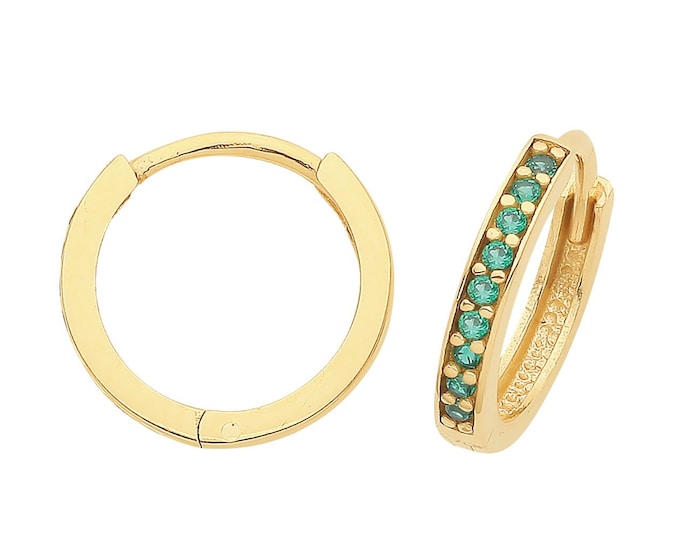 9ct Yellow Gold 10mm Internal Diameter Half Set Emerald Green Cz Hinged Hoop Earrings - Real 9K Gold