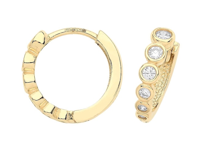 Pair of 9ct Yellow Gold Graduated Bezel Cz 11mm Hinged Huggies Hoop Earrings - Real 9K Gold