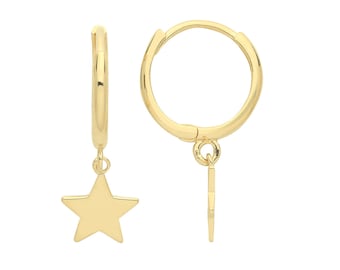 9ct Yellow Gold 10mm Hinged Hoop Earrings With Star Drop Charm - Real 9K Gold