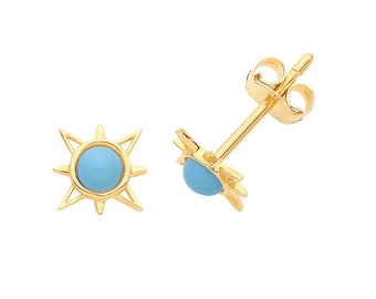 Small 9ct Yellow Gold & Turquoise Gemstone 6mm Sun Stud Earrings - Real 9K Gold