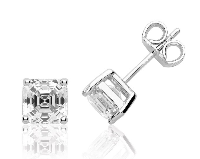 Solitaire 6mm Assher Cut Claw Set Stud Earrings Rhodium Plated 925 Sterling Silver With Swarovski Cz