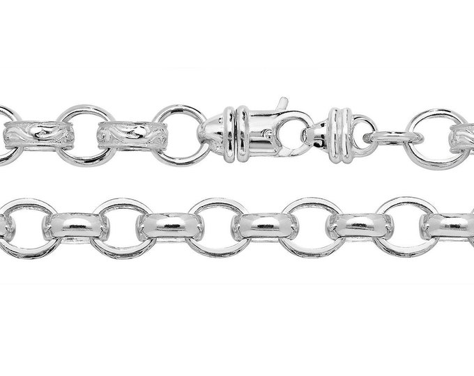 Men's Solid 925 Sterling Silver 8.5" Embossed 10x8mm Oval Link 4mm Belcher Chain Bracelet