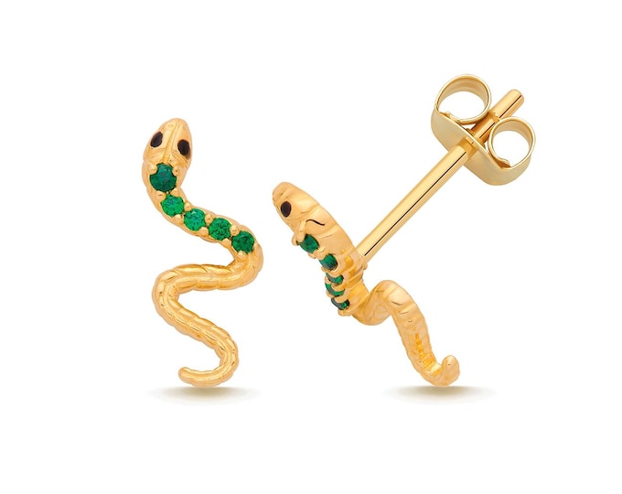 Emerald Green Cz Snake Snake Stud Earrings 11x4mm 9K Gold