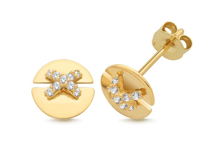 9ct Yellow Gold Circle Cz Kiss Stud Earrings 7.5mm Diameter - Solid 9K Gold