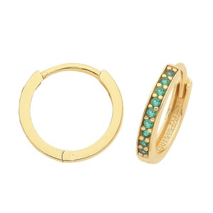 9ct Yellow Gold 10mm Internal Diameter Half Set Emerald Green Cz Hinged Hoop Earrings - Real 9K Gold
