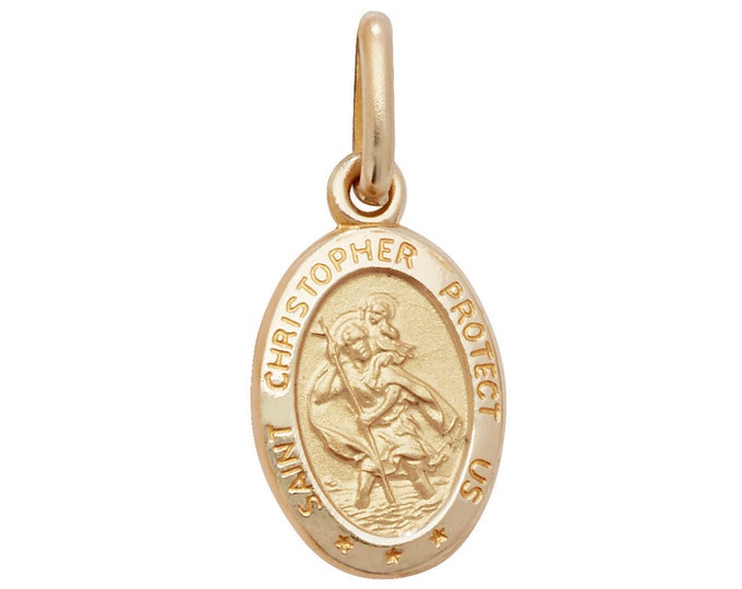 9ct Yellow Gold Small Oval Protect Us St Christopher Medallion Charm Pendant - Real 9K Gold