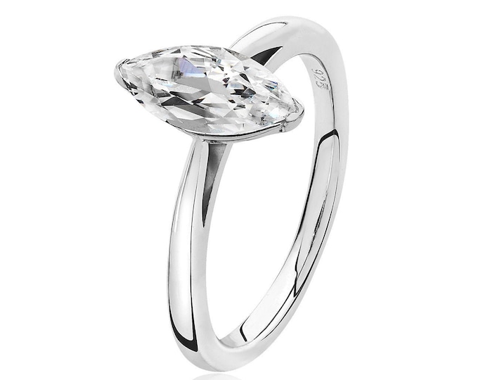Rhodium Plated 925 Sterling Silver 10x5mm Solitaire Marquise Cz Engagement Ring