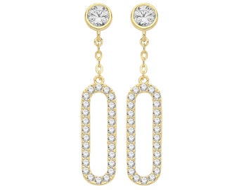 9ct Yellow Gold Pave Cz Open Lozenge 2.5cm Chain Drop Earrings - Real 9K Gold