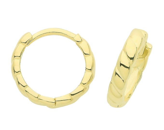 9ct Yellow Gold 10mm Internal Diameter Ribbed Hinged Hoop Earrings - Real 9K Gold Hallmarked