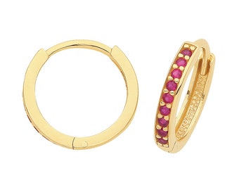 9ct Yellow Gold 10mm Internal Diameter Half Set Ruby Red Cz Hinged Hoop Earrings - Real 9K Gold