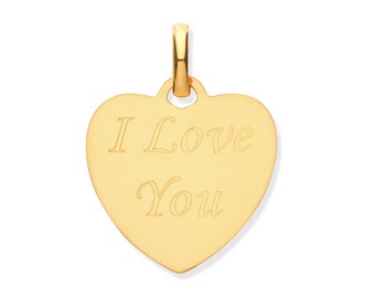 9ct Yellow Gold 1.5cm I Love You Heart Engraved Disc Tag Pendant Hallmarked - Real 9K Gold