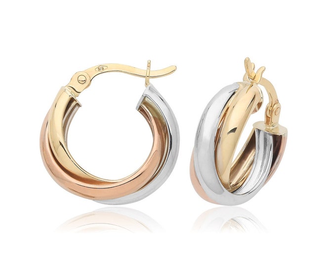 9ct Tri Colour Gold 10mm Wedding Hoop Earrings Hallmarked - Real 9K Gold