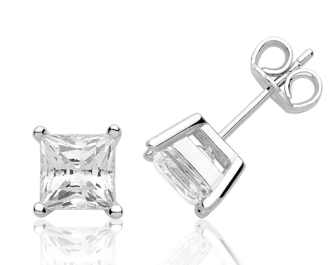 Solitaire 6mm Princess Cut Claw Set Stud Earrings Rhodium Plated 925 Sterling Silver With Swarovski Cz