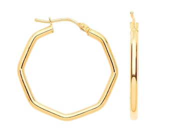 9ct Yellow Gold 2.5cm Octagonal Tube Shaped Hoop Earrings - Real 9K Gold