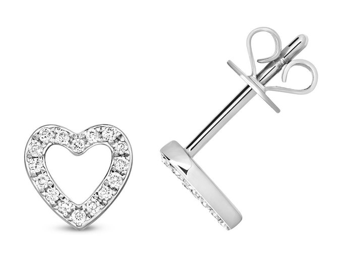 9ct White Gold 0.12ct HSi Diamond 6mm Heart Stud Earrings - Real 9K Gold