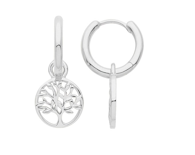 925 Sterling Silver 8mm Hinged Hoop Earrings With Tree of Life Circle Drop Charm Rhodium Plated