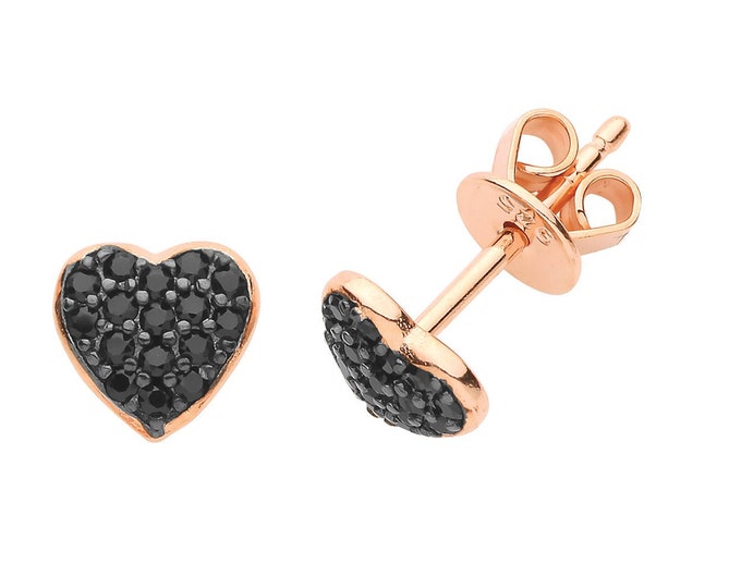 Rose Gold on 925 Sterling Silver 6mm Pave Black Heart Stud Earrings