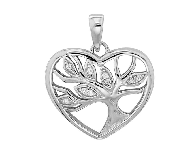 925 Sterling Silver Tree Of Life Cz Heart Shaped Charm Pendant