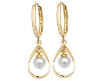 9ct Yellow Gold Hinged Hoop White Pearl 2cm Teardrop Earrings - Real 9K Gold
