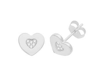925 Sterling Silver 7mm Pave Cz Heart Stud Earrings Rhodium Plated