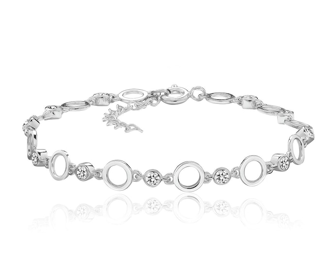 Circles & Bezel Set Cz  7" Chain Bracelet Rhodium Plated 925 Sterling Silver