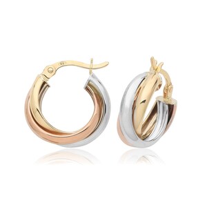 9ct Tri Colour Gold 10mm Wedding Hoop Earrings Hallmarked - Real 9K Gold