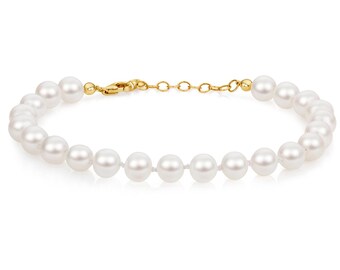 Ladies 9ct Yellow Gold 6mm Freshwater Pearl Bracelet - Real 9K Gold