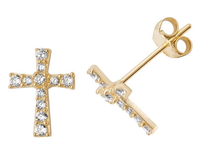 9ct Yellow Gold Claw Set Cz Cross Stud Earrings 8x6mm - Real 9K Gold