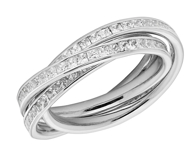 Ladies 925 Sterling Silver Half Channel Set Princess Cz 3 Row Interlinked Wedding Ring