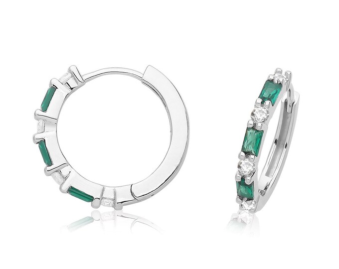 925 Sterling Silver 12mm Channel Set Emerald Baguette Cz Hinged Huggies Hoop Earrings Rhodium Plated